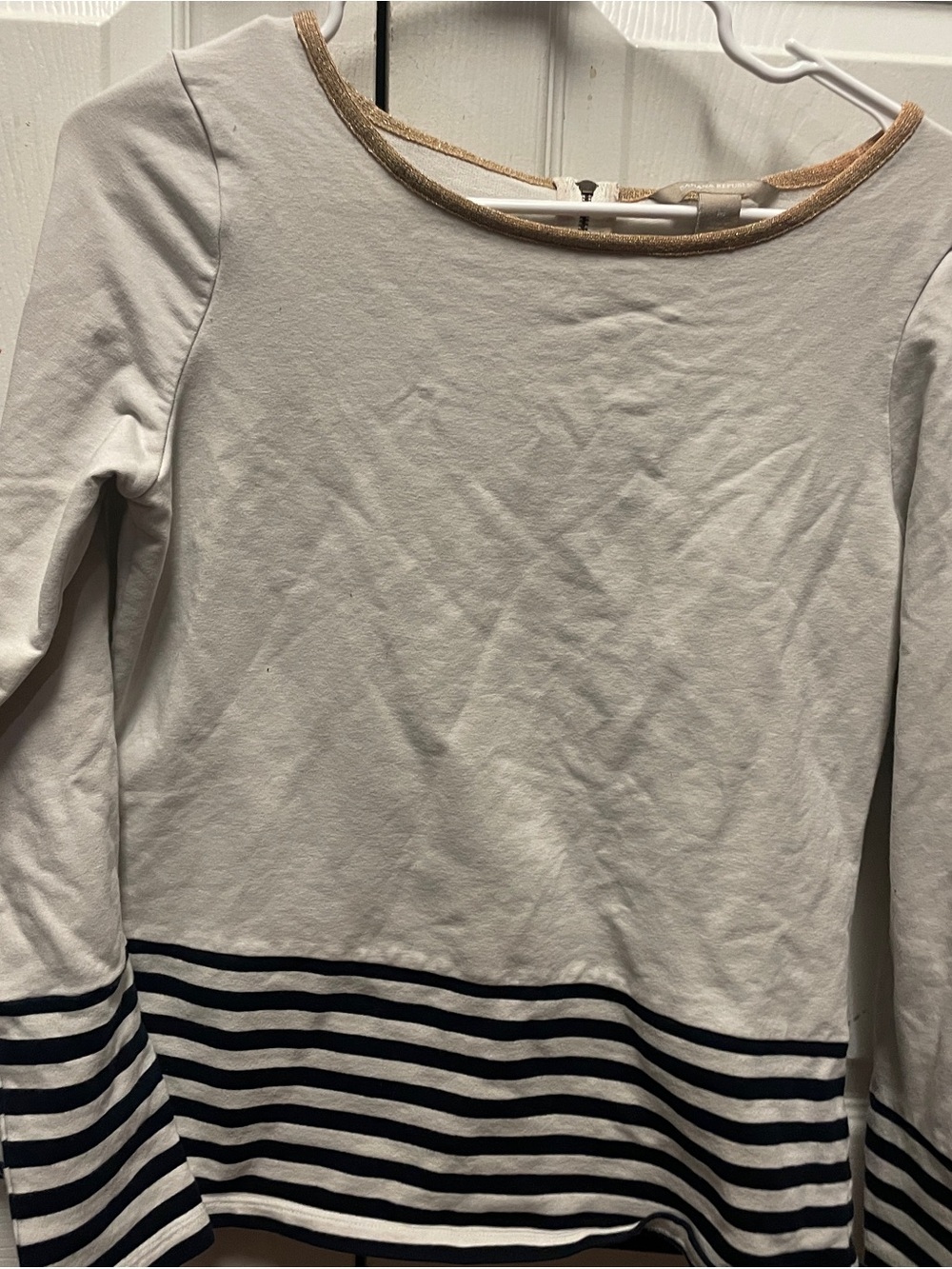 Banana Republic Cream Long-Sleeve Top with Navy Stripes and Gold Trim